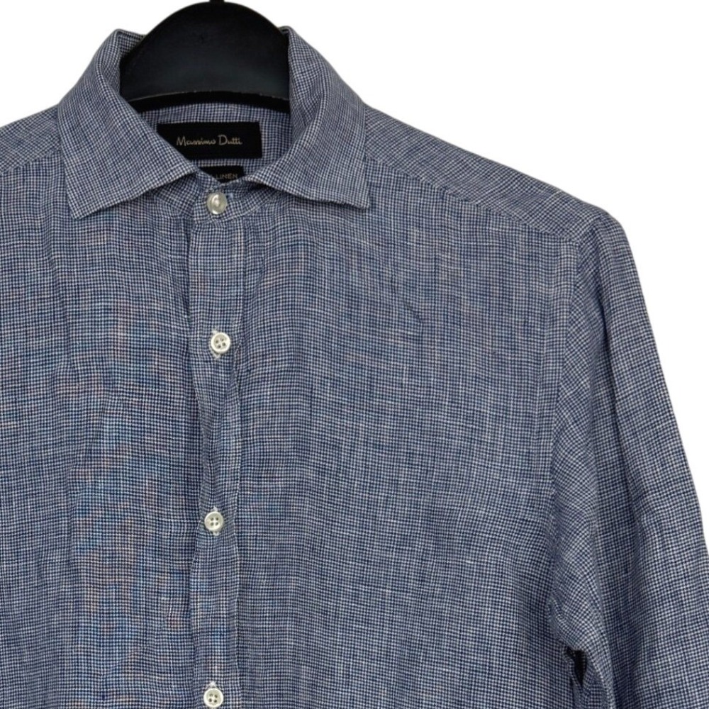 Massimo Dutti 100% LINEN Button Up Shirt Mens Small Blue White Micro-check